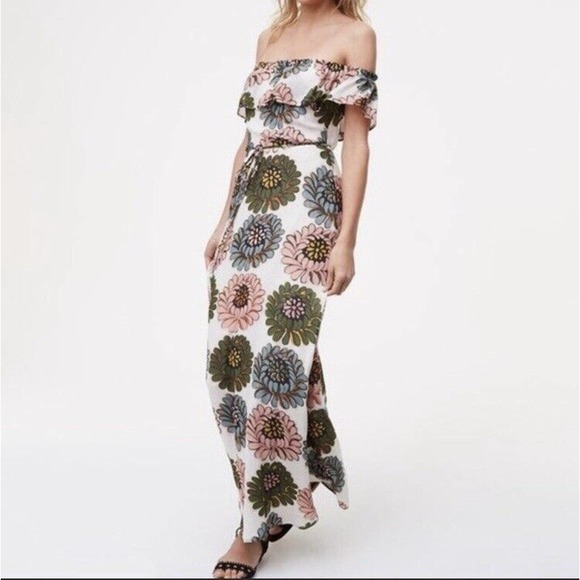 LOFT Marigold Off Shoulder Ruffle Maxi Dress Floral SOLD OUT sz 6 - Picture 3 of 6